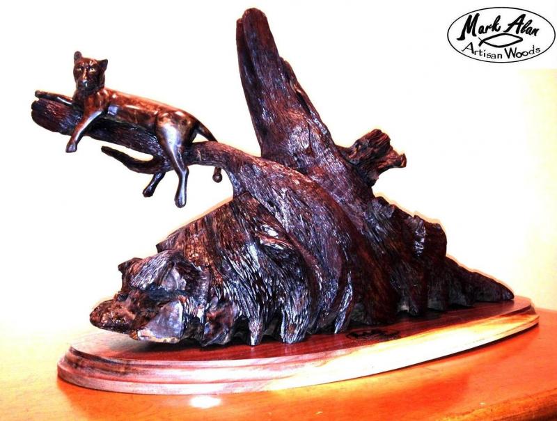 leopard sculpture, walnut sculpture, black leopard sculpture